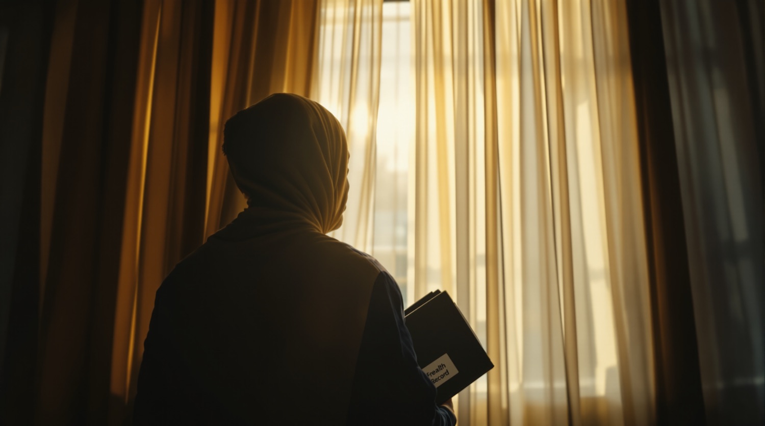 A patient holding their health record in warm window light